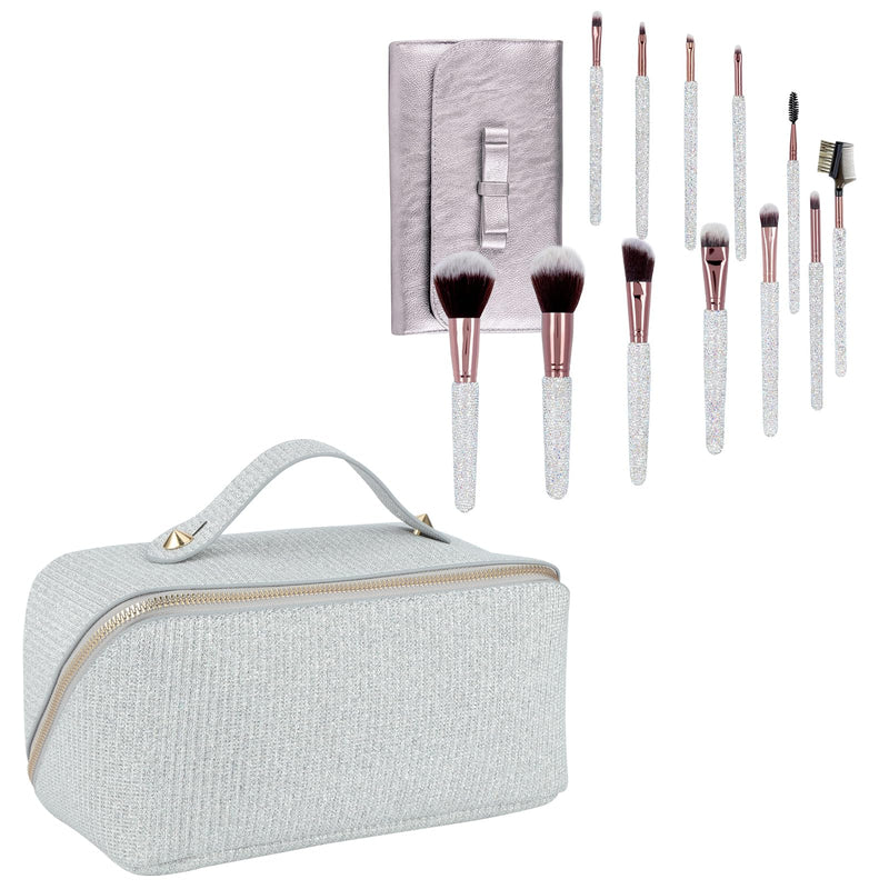 KEYPOWER Large Capacity Glitter Sequin Cosmetic Bag Silver & 12PCS Makeup Brushes Bling Rhinestone White