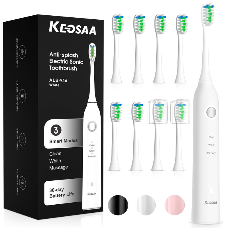 Sonic Vibrating Toothbrush with Pressure Sensor, Rechargeable Tooth Brush with 8 Brush Heads, 3 Modes, 33000VPM, 2-Min Timer, One Charge Lasts for 30 Days, 3D Rounded Soft Bristles, IPX7 Waterproof 946-white