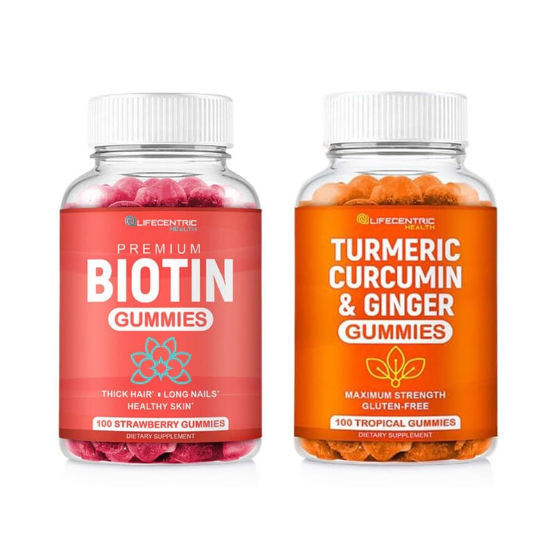 Biotin & Turmeric Vegan Gummies Combo | Max Strength Hair Growth, Skin Health, and Overall Wellness | 10000mcg Biotin & 95% Standardized Turmeric Curcumin | Natural, Non-GMO and Gluten-Free Supplement