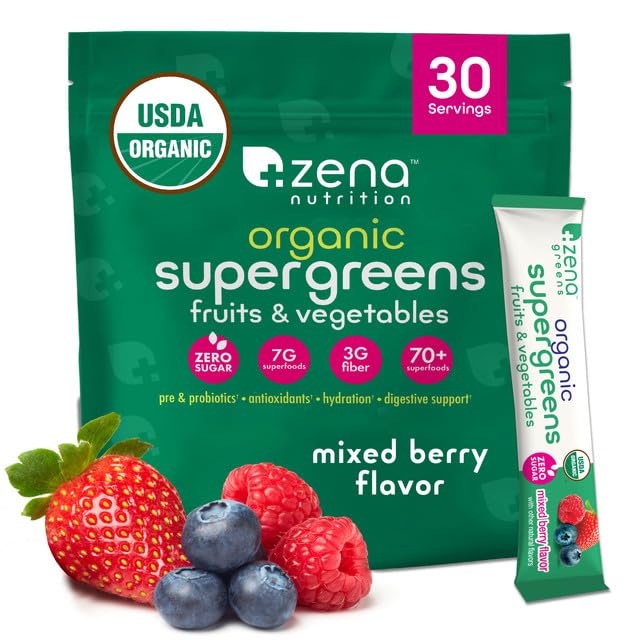 [Australia] - Zena Nutrition Organic Super Greens Powder, 70+ Superfoods, 0 Sugar, 3G Fiber, Spirulina, Chlorella, Antioxidants, Prebiotics/Probiotics, Digestive Enzymes, Mixed Berry, 30 Drink Mix Packets 30 Servings (Pack of 30) 