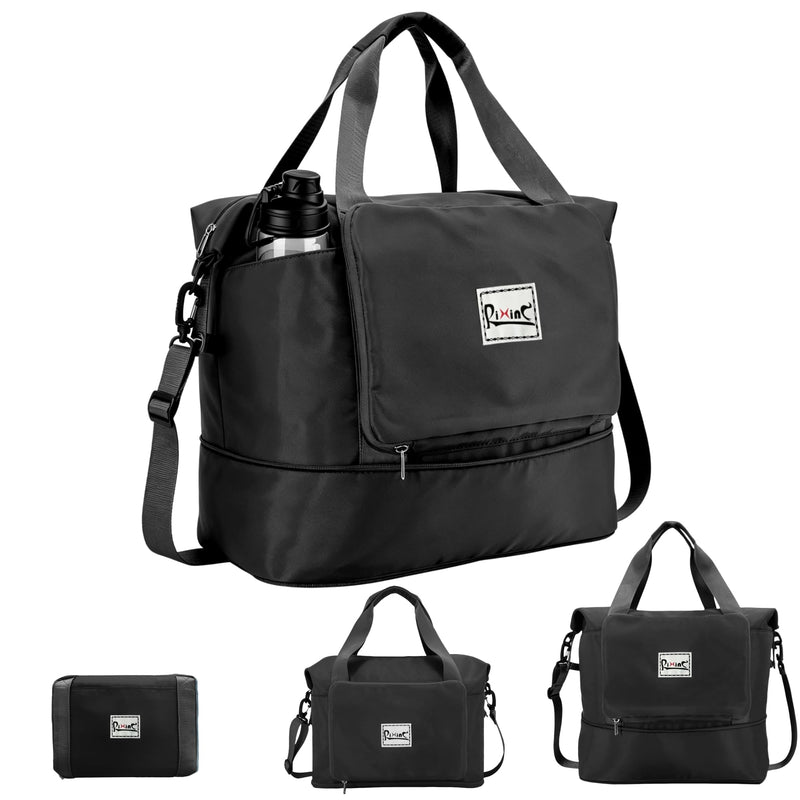 Foldable Travel Duffel Bag for Women, Black | 40L Expandable Carry on Bag Personal Item Flight Approved Lightweight Water Resistant Overnight Weekender Bag, Nylon