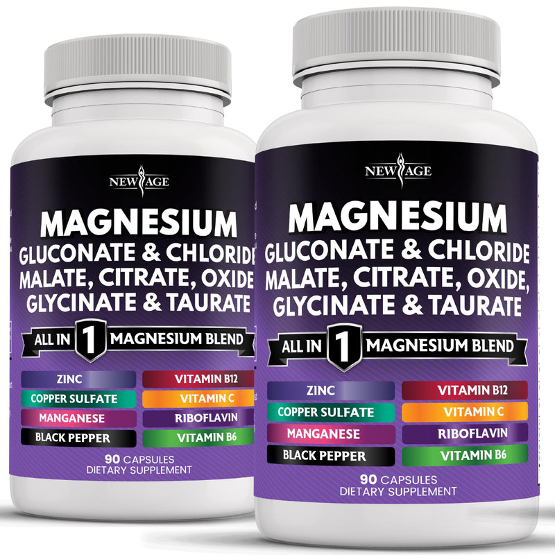[Australia] - NEW AGE Magnesium Supplement -Powerful Glycinate Citrate Malate Oxide Taurate Aspartate Gluconate Orotate & Mag Chloride Manganese Bone Health and Bone Strength, Joint Support- 180 Count 90 Count (Pack of 2) 