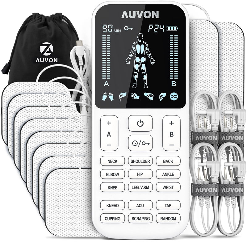 AUVON 4 Outputs TENS Unit Muscle Stimulator with 24 Modes & Intuitive Operation Design, FSA & HSA Eligible, TENS Machine with 10 TENS Pads, Electronic Pulse Massager for Back Pain Relief Therapy | TENS Machine with 10 TENS Pads, Electronic Pulse Massag...