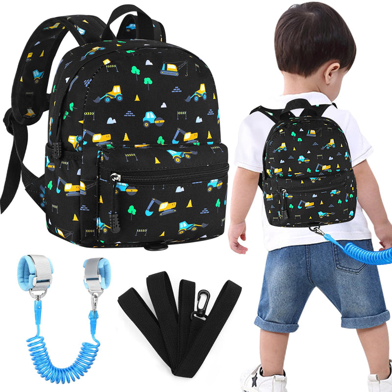 [Australia] - Accmor Toddler Backpack Leash, Mini Child Backpack with Anti Lost Wrist Link, Cute Kids Backpack Walking Harness for Outdoor Travel, Adorable Excavator Backpack Tether for Baby Boys Girls Ages 1-3 Black/Excavator, Black Link 