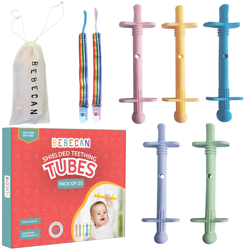 [Australia] - Shielded Teething Tubes ‚Äì Baby Teething Relief 0-36 Months, Anti-Choking Design, Clip-Attachable, BPA-Free Silicone, 5 Soft Tubes + 2 Teether Clips + 2 Brushes + Storage Bag 