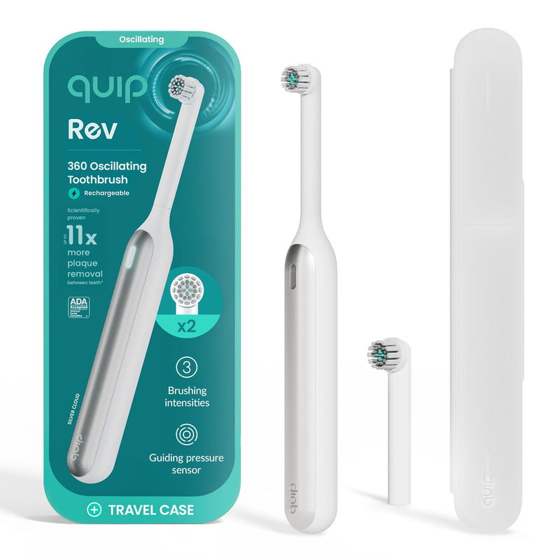 [Australia] - Quip 360 Oscillating Rechargeable Electric Toothbrush with Extra Brush Head - Soft Bristles, Pressure Sensor, 3 Intensities, 30-Day Battery Life, 2-Min Timer, Travel Case, Mirror Mount - Silver Cloud 
