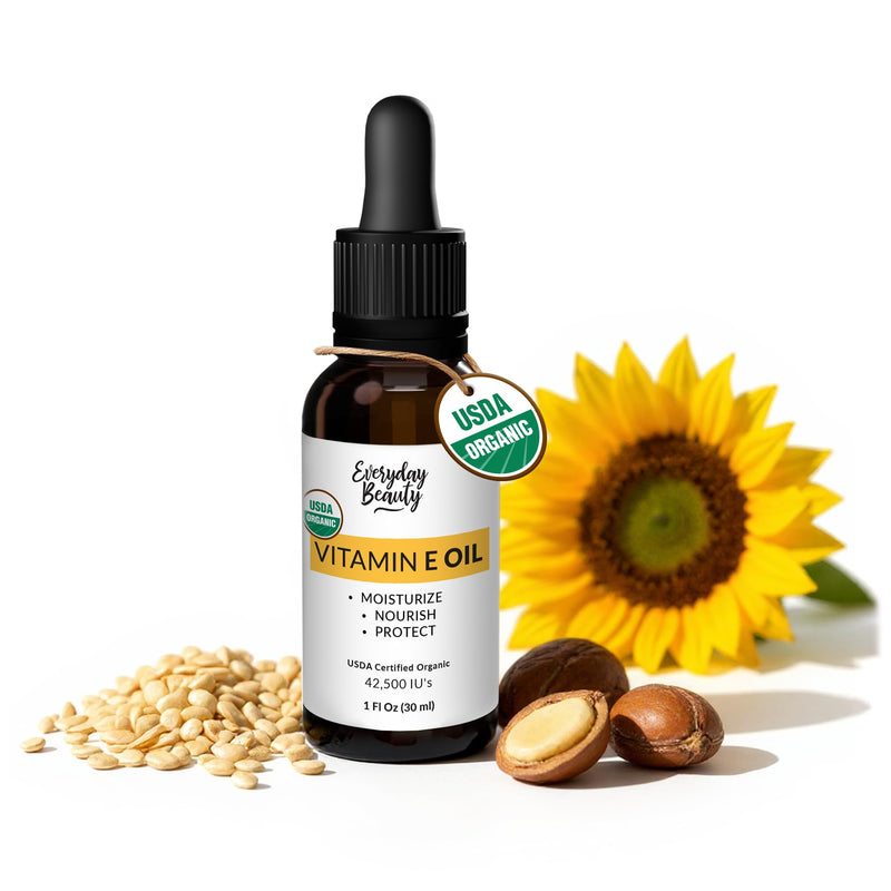 Organic Vitamin E Oil – Certified Organic Blend of Vitamin E - Deeply Hydrating Care for Face, Skin, Hair, Scars – Antioxidant-Rich, Fragrance-Free, and Gentle on Skin - 1 Fl Oz Glass Dropper & Bottle