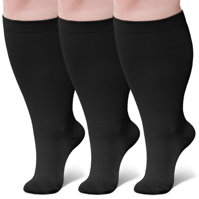 [Australia] - Wide Calf Compression Socks: Plus Size Compression Stockings for Men Women - Extra Large 20-30 mmHg Compression Hose Support for Travel Nurses Running Pregnancy 3 Pairs 2XL Black 