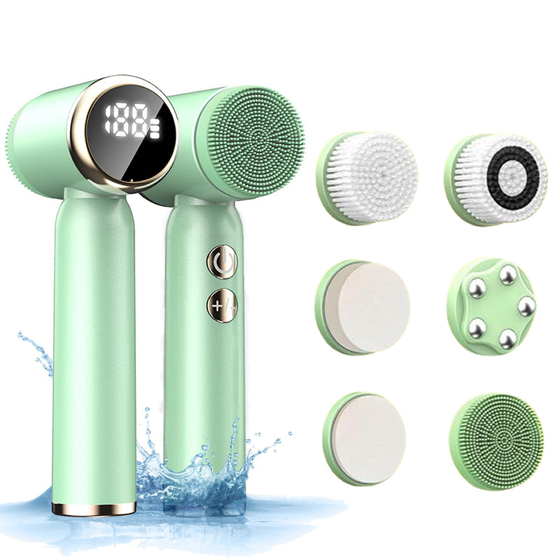 [Australia] - Facial Cleansing Brush, 6 in 1 Electric Face Scrubber with 6 Brush Heads and 3 Spin Speeds for Deep Cleansing, Waterproof Rechargeable Face Brushes for Dry Oily Sensitive Skin (Green) 