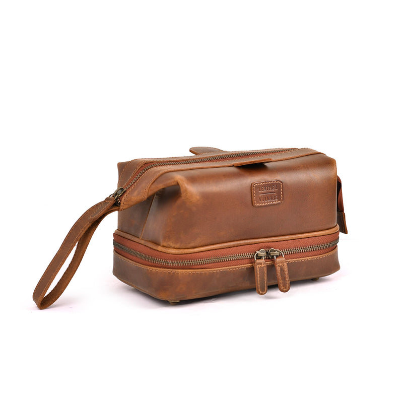 LEATHER VILLAGE Leather Toiletry Bag for Men, Travel Dopp Kit Shaving Bag | Full grain buffalo leather, two zip compartments, 9.6x5.5x5.1 in, YKK zippers, water-resistant lining, shaving kit- Tan Sun Tan