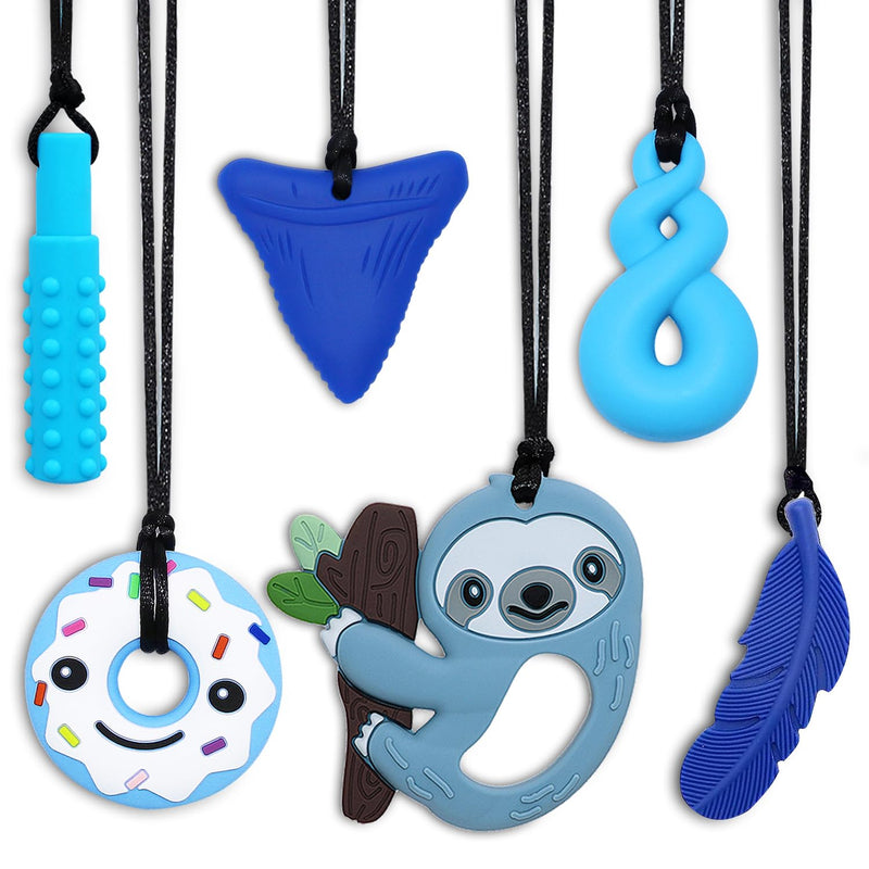 [Australia] - Chew Necklaces for Sensory Kids Boys Girls, 6 Pack Chewy Necklace Sensory Toys for Kids with Autism, Silicone Oral Motor Aids Chew Toys for Children Adults Reduce Fidgeting Blue Sloth 