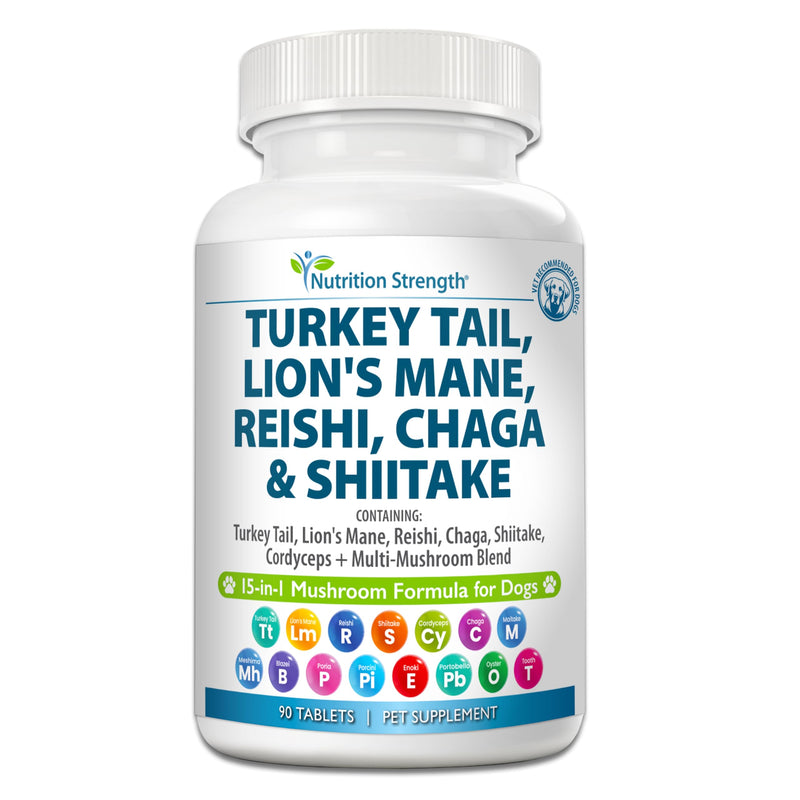 15-in-1 Mushrooms for Dogs Turkey Tail 600mg Lion's Mane 600mg Reishi 600mg Shiitake 500mg Cordyceps 300mg Chaga 300mg Maitake 200mg Meshima Blazei Poria Enoki Portobello 90 Tablets - PawsPlanet Australia