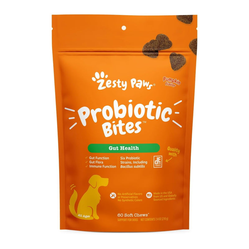 Probiotic Bites Soft Chews, Digestive Probiotics for Gut Flora & Immune Support for Dogs, Pumpkin Flavor 60 Count - PawsPlanet Australia