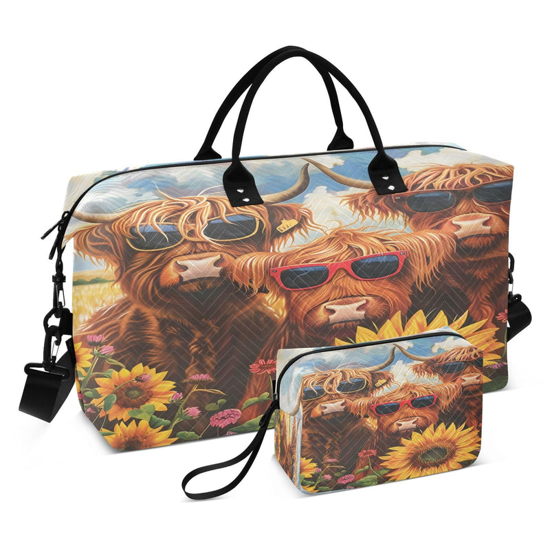 Flower Travel Duffle Gym Bag, Highland Cows Sunflowers Weekender for Women with Toiletry Bag Travel