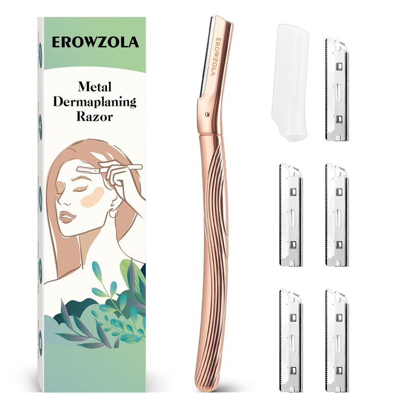 [Australia] - Eyebrow Razor, Face Razors for Women and Men, Reusable Metal Handle with 6 Refill Blades, Eyebrow Trimmer with Precision Cover, Dermaplane Razor, Skin Care Tool - Rose Gold 