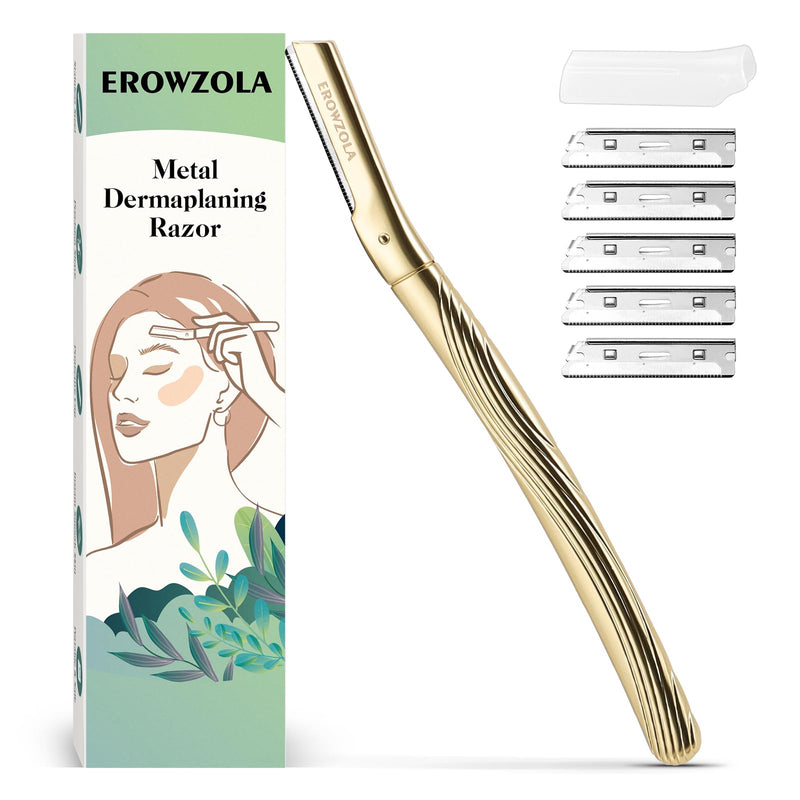 Eyebrow Razor, Face Razors for Women and Men, Reusable Metal Handle with 6 Refill Blades, Eyebrow Trimmer with Precision Cover, Dermaplane Razor, Skin Care Tool - Gold Royal Gold
