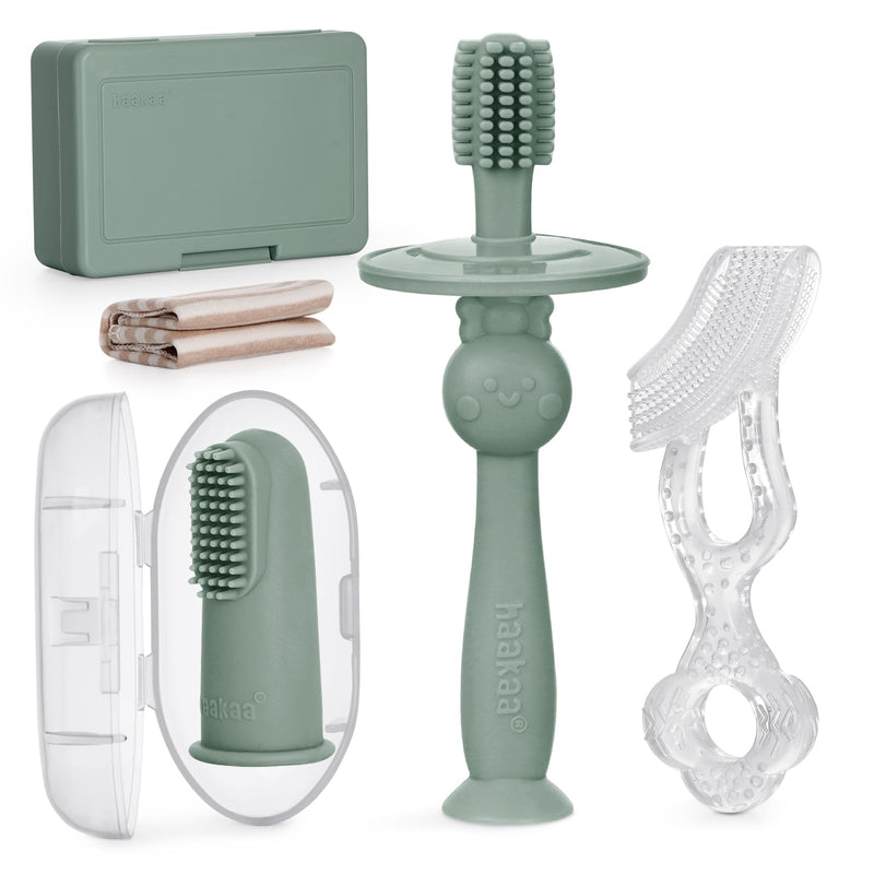 [Australia] - haakaa Training Toothbrush Set Oral Care Kit, Soft Silicone Toothbrush for Baby, Infants, Toddlers & Kids, Pea Green 