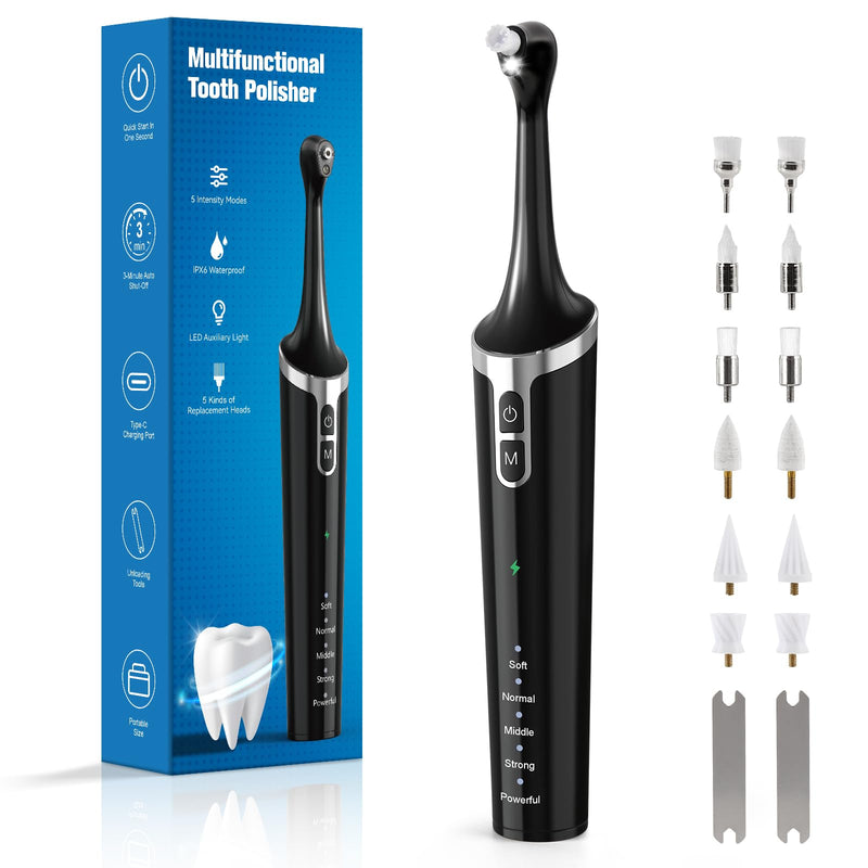 [Australia] - Tooth Polisher,Rechargeable Teeth Whitening Kits for Teeth Daily Cleaning and Whitening,Dental Polisher with 2 Set Polishing Brush Heads,LED Light,5 Speed Modes,Waterproof 