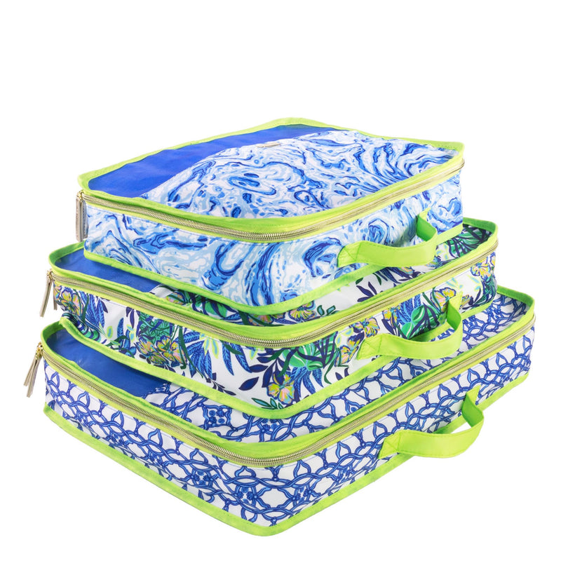 Lilly Pulitzer Packing Cubes Set of 3, Blue and Green Prints | Resort Ready Polyester & Mesh Suitcase Luggage Organizers in 3 Sizes with Zipper Closures, Trim, & Handles for Travel
