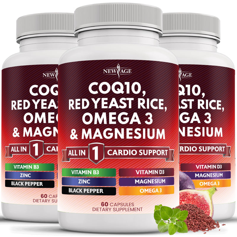 NEW AGE COQ10 200mg Red Yeast Rice Omega 3-6-9 Magnesium Complex Zinc Vitamin K2 D3 - Support Vitamins for Women and Men with Vitamin B3, Coenzyme Q10-180 Count 180 Capsules (Pack of 3)