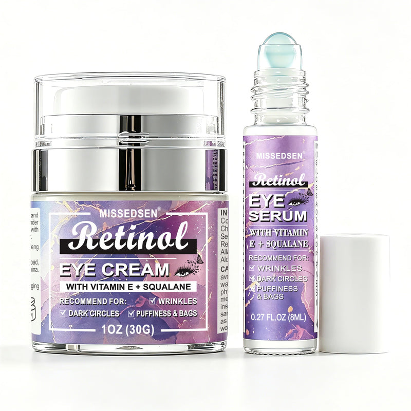 Retinol Eye Cream & Roller Serum Set, 1OZ & 0.27OZ | Retinol, Vitamin E, Squalane, Hyaluronic Acid, For Dark Circles, Eye Bags & Fine Lines