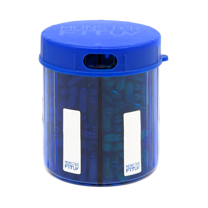 Supplement Pill Dispenser Bottle, 6 Compartment, Labels, Easy Open, Anti-Mixing, UV Protected, Monthly Vitamin, Monster Fit Jr Medication Holder (Cobalt Blue, Small) Cobalt Blue