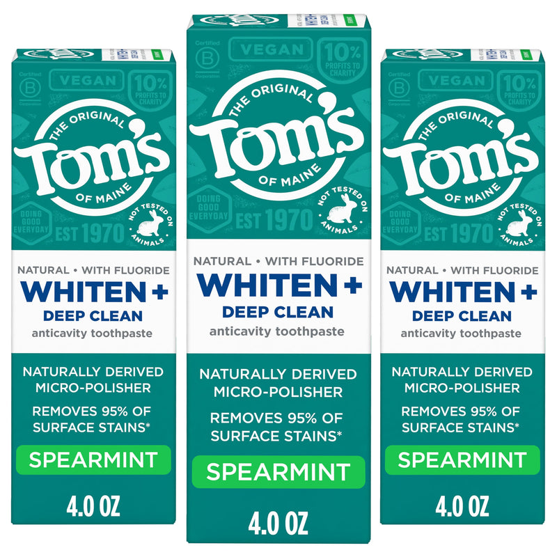 Tom's of Maine Whiten Plus Deep Clean Whitening Toothpaste, Mint, 3Pk, 4 oz | Spearmint, Natural Toothpaste with Fluoride, Removes 95% of Stains, Enamel Safe Formula, Whitens Without Causing Sensitivity 4 Ounce (Pack of 3)