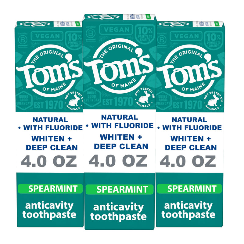 [Australia] - Tom's of Maine Whiten Plus Deep Clean Whitening Toothpaste, Natural Whitening Toothpaste with Plant-Based Cleansers, Enamel Safe, Whitens Without Causing Sensitivity, Spearmint, 4.0 Oz (Pack of 3) Spearmint - Fluoride 4 Ounce (Pack of 3) 