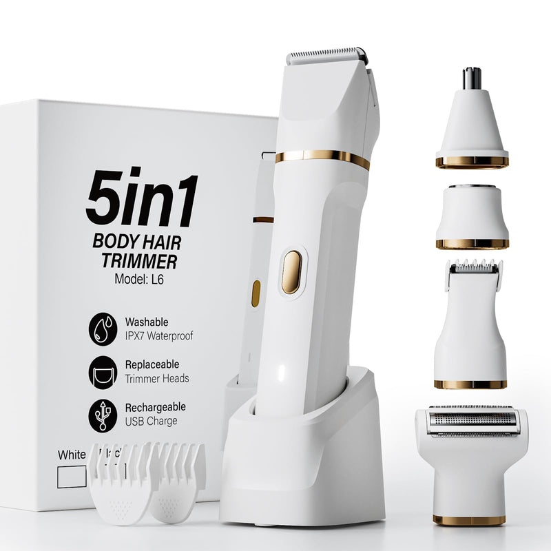 Electric Razors for Women, 5-in-1 Wet/Dry Bikini Trimmer with USB Charge Dock, Deluxe Facial Hair Removal, Wet/Dry Body Shaver for Nose Eyebrows Beard Underarm Leg Arm, IPX7 Waterproof (White) White
