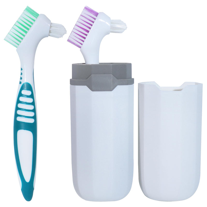 [Australia] - 2Pcs Denture Brush False Teeth Toothbrush with 1 White Carrying Case, Effective Denture Cleaning Brush with Multi-Layered Soft Bristles,Green and Purple Green & Purple 
