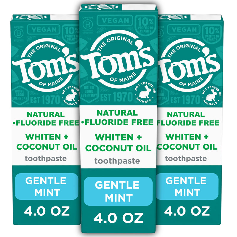[Australia] - Tom’s of Maine Whiten Plus Coconut Oil Fluoride Free Toothpaste, Natural Whitening Toothpaste with Plant-Based Cleansers, Whitens Without Causing Sensitivity, Gentle Mint, 4.0 Oz (Pack of 3) 