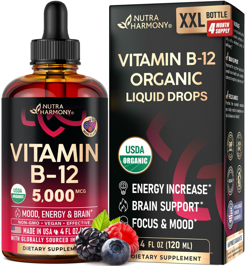 USDA Organic Vitamin B12 Sublingual Drops - Methylcobalamin 5000 mcg - 4 Oz | Vitamin B12 for Women & Men - Energy Boost, Focus & Brain Support - Bioavailable - Berry Flavor, Sugar-Free - 120-Day Supply Drops 4 fl oz