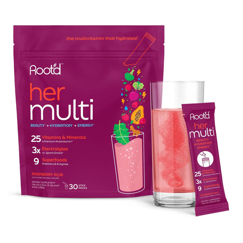 Root'd Multivitamin Powder for Women - 25 Vitamins & Minerals with 3X Electrolytes, 9 Organic Superfoods, Probiotics & Enzymes, Sugar-Free Multivitamin & Hydration | 30 Vitamin Drink Mix Packets 0.22 Ounce (Pack of 30) Her (Raspberry Acai)