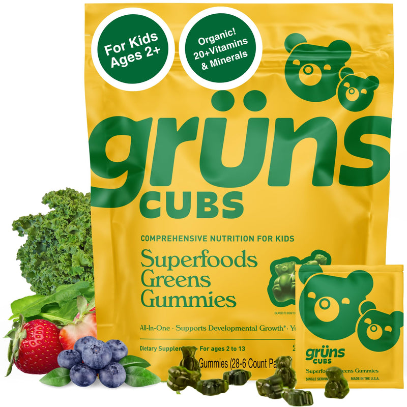 [Australia] - Gruns Kids Vitamins, Super Greens Gummies - Superfood Gummy Bears with Spirulina, Chlorella, 20+ Vitamins & Minerals, Prebiotics Fiber for Digestive Health, Adaptogens Supplement, 28 Day Supply Low Sugar 