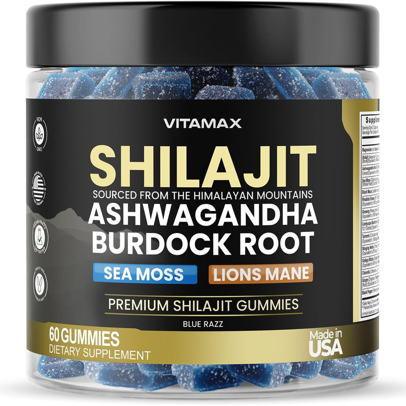 [Australia] - Organic Shilajit Gummies, Sea Moss, Ashwagandha, 105+ Trace Minerals ‚Äì Organic Burdock Root & Lions Mane Mushroom - Blue Razz ‚Äì Vegan & Non-GMO ‚Äì Made in USA ‚Äì 60ct 