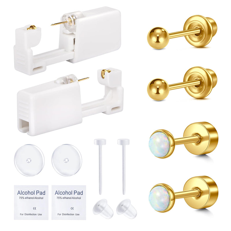 [Australia] - QWALIT Ear Piercing Kit Gold Ear Piercing Gun Kit Self Piercing Earrings Piercing Kit Disposable Earring Gun Piercing Kit with Earring Studs Self Ear Piercing Kit at Home Opal Earring Studs Flat Back A2-Gold opal 