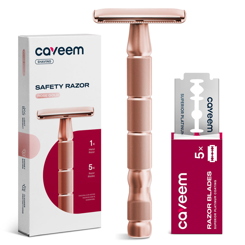 Rose Gold Double-Edge Safety Razor, Single-Blade Razors with 5 Stainless Steel Blades, Reusable Metal Razor for Men and Women 1 Count (Pack of 1) Rose Gold Razor