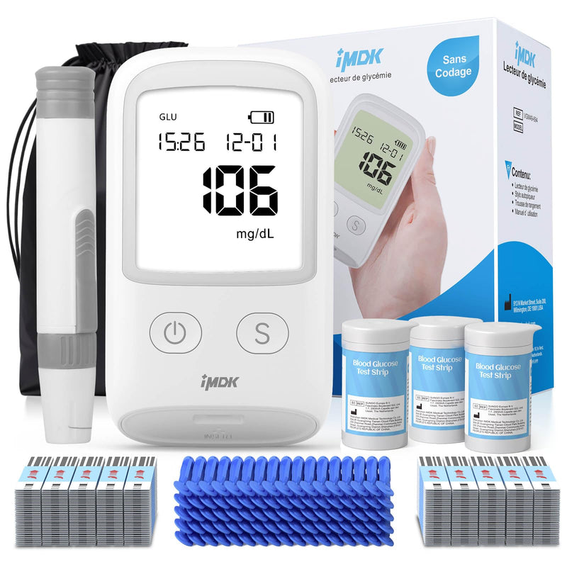 IMDK Blood Glucose Monitor Kit, 𝗖𝗹𝗶𝗻𝗶𝗰𝗮𝗹𝗹𝘆 𝗔𝗰𝗰𝘂𝗿𝗮𝘁𝗲 Blood Sugar Test Kit with 150*Glucometer Strips, 100*Lancets, 1*Lancing Devices, No Coding Required