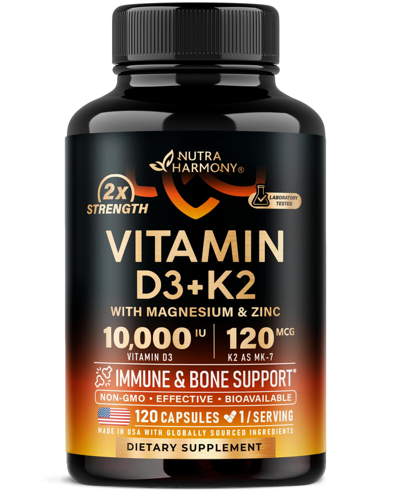 Vitamin D3 K2 - Vitamin D3 10000 iu & K2 as MK-7 120 mcg Complex - 120 Caps | D3 K2 + Magnesium, Zinc & Vitamin C & B12- Immune & Mood Support, Bone & Teeth Health - for Men & Women - Highly Bioavailable 120 Count (Pack of 1)
