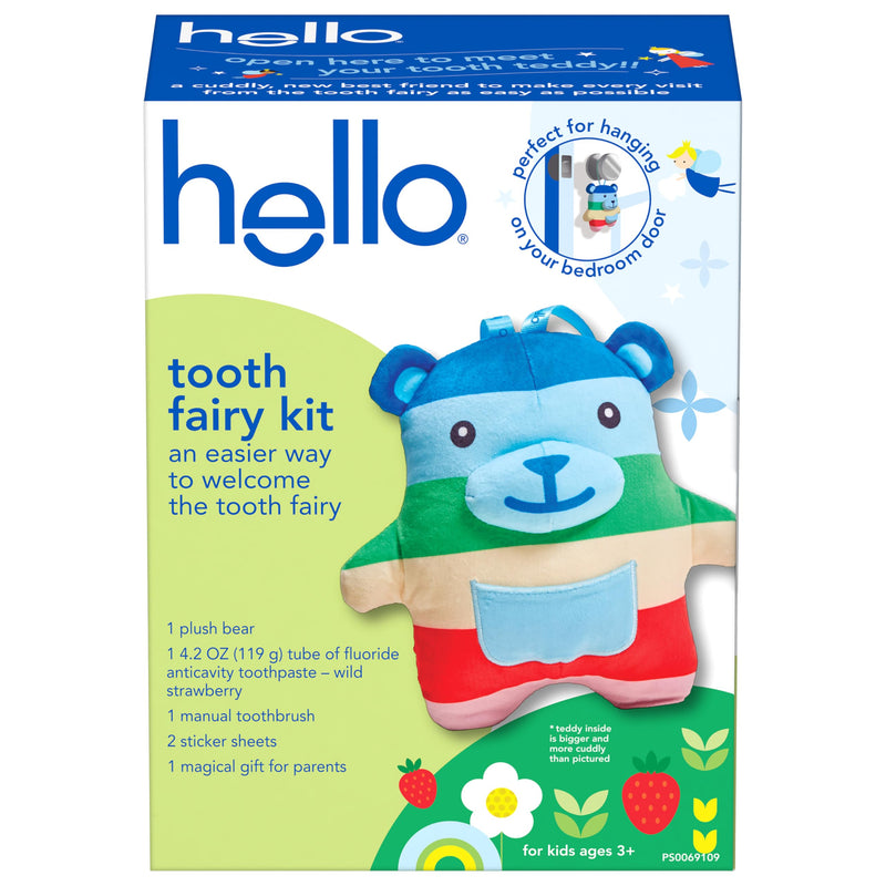 [Australia] - hello Tooth Fairy Kit with Tooth Fairy Door Hanger and Teddy Bear, Includes Full Size Fluoride Kids Strawberry Toothpaste and Kids Toothbrush, for Children Ages 3 and Up 0.84 Ounce (Pack of 5) 