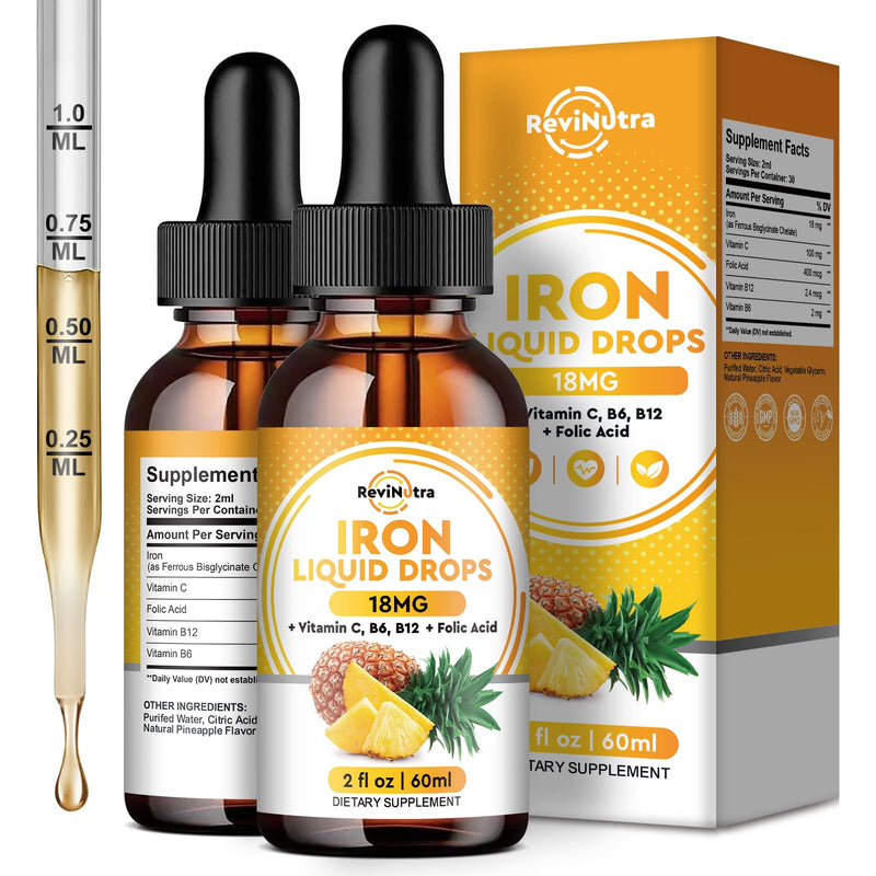 2 Pack Liquid Iron Supplement for Women, Men & Kids, Liquid Iron Drops with Folate, Vitamin C, B6, B12 for Anemia, Red Blood Cell, Energy Support, Pineapple Flavor 2 Fl Oz (Pack of 2)