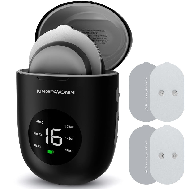 [Australia] - KingPavonini Wireless TENS Unit, Muscle Stimulator for Pain Relief, Portable Rechargeable TENS EMS Machine, LED Screen, Remote, Dual Channel 6 Modes 16 Intensity Massager, Charging Case (Black) Black 
