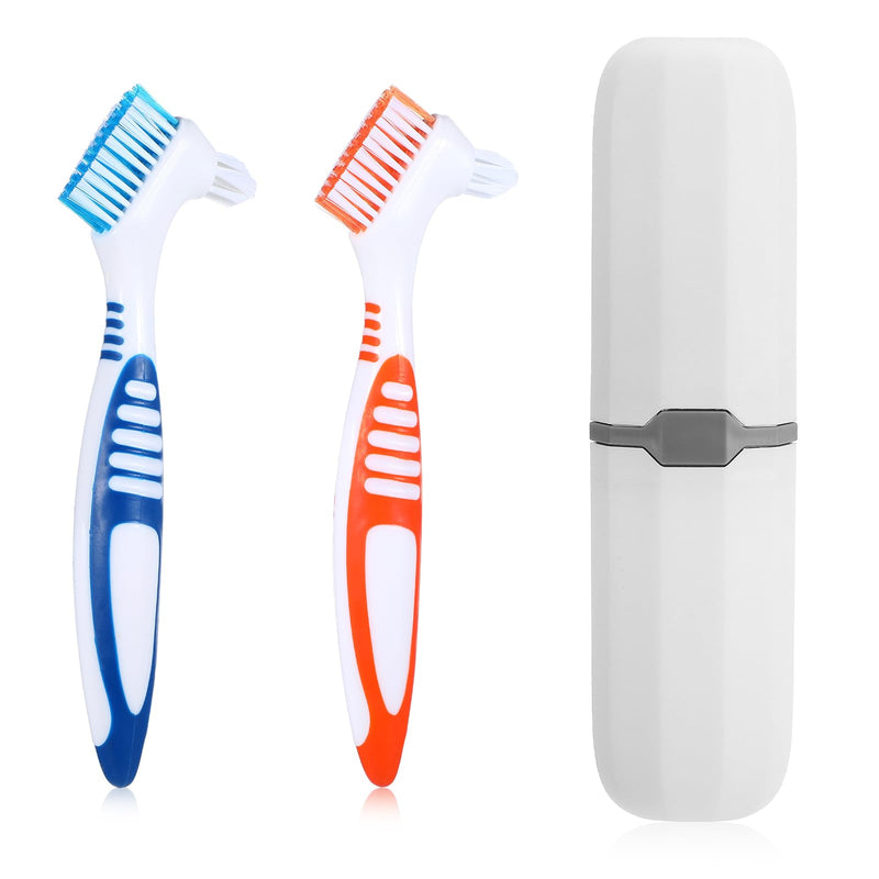 [Australia] - 2Pcs Denture Cleaning Brush Set, Denture Toothbrushes with Multi-Layered Bristles & Ergonomic Rubber Handle, White Carrying Case Orange & Blue 