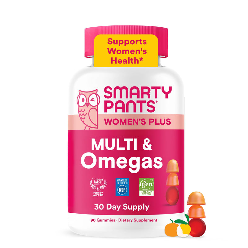 SmartyPants Women's Multivitamin Gummies, Omega 3 DHA/EPA, Methylfolate, CoQ10, Vitamin D3, C, B12, B6, A, K, Zinc, Three Fruit Flavors, 90 Count (30 Day Supply) Multi + Omega - 30 Day Supply