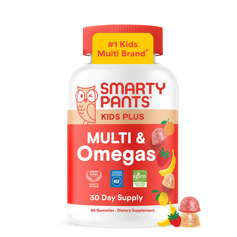 SmartyPants Kids Multivitamin Gummies with Omega 3 DHA/EPA, Vitamins D3, C, B12, B6, A, K, and Zinc, Gluten Free, Clean Label, Three Fruit Flavors, 60 Gummies (30 Day Supply) 1 Count (Pack of 1) Three Fruit - 30 Day Supply