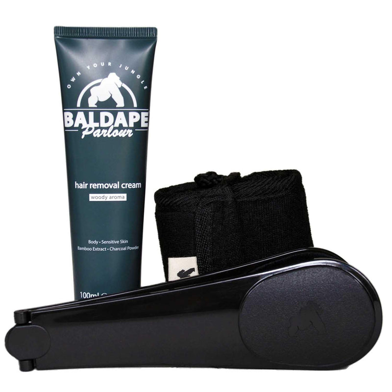 [Australia] - BALDAPE PARLOUR Body & Back Hair Removal Kit with Men's Depilatory Cream, Extendable Applicator & Loofah for Smooth, Hair-Free Results 