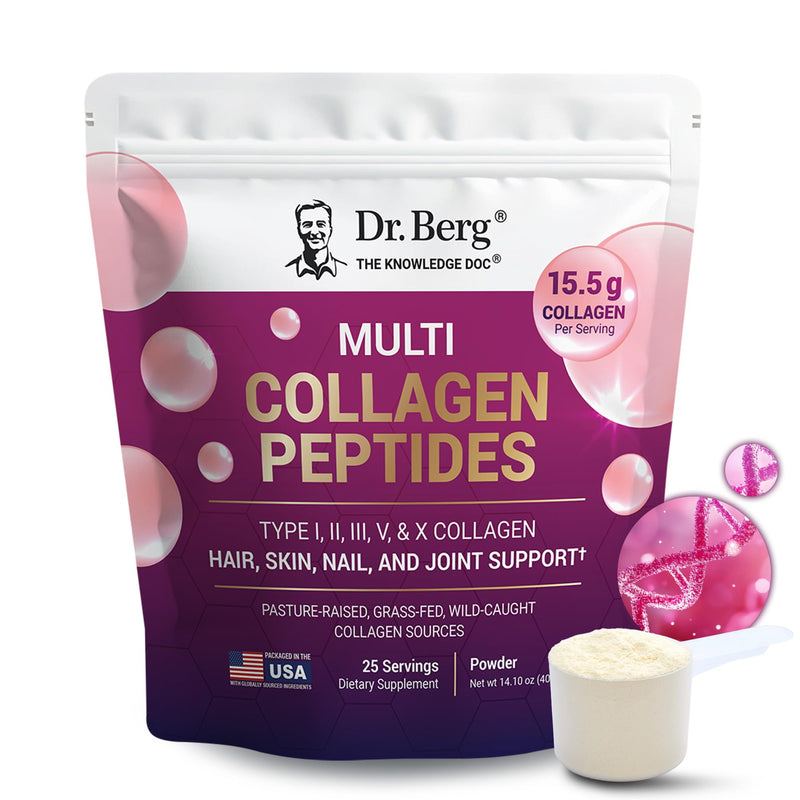 Dr. Berg Multi Collagen Peptides Powder Types I, II, III, V, X - Unflavored Collagen Powder w/ 14 g of Protein - Grass-Fed, Pasture-Raised & Wild-Caught Collagen Sources - 25 Servings 14.1 Ounce (Pack of 1)