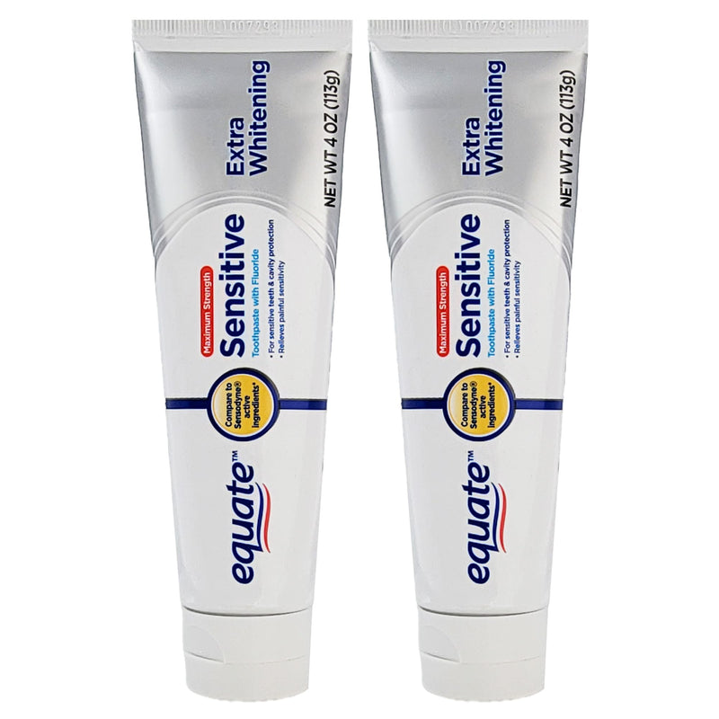 Equate Twinpack of Sensitive Toothpaste with Fluoride and Extra Teeth Whitening 4 OZ (113g) Includes 2 Tubes