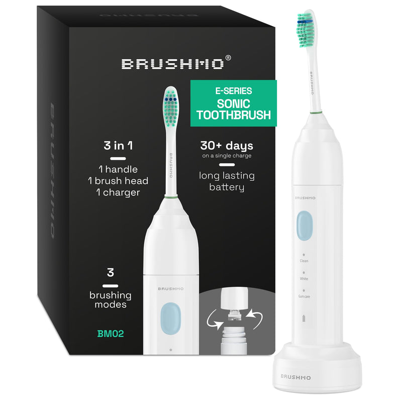 [Australia] - Brushmo e-Series Electric Sonic Toothbrush - Rechargeable Screw-On Electronic Tooth Brush for Adults with 3 Modes & Timer - IPX7 Waterproof, Long-Lasting Battery & Wireless Charging Base - White Bm02 - White 1 Count (Pack of 1) 