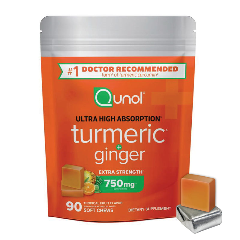 [Australia] - Qunol Turmeric and Ginger Soft Chews, 750mg Turmeric Supplement, Ultra High Absorption to Support Joint Health, 90 Count 90 Count (Pack of 1) 